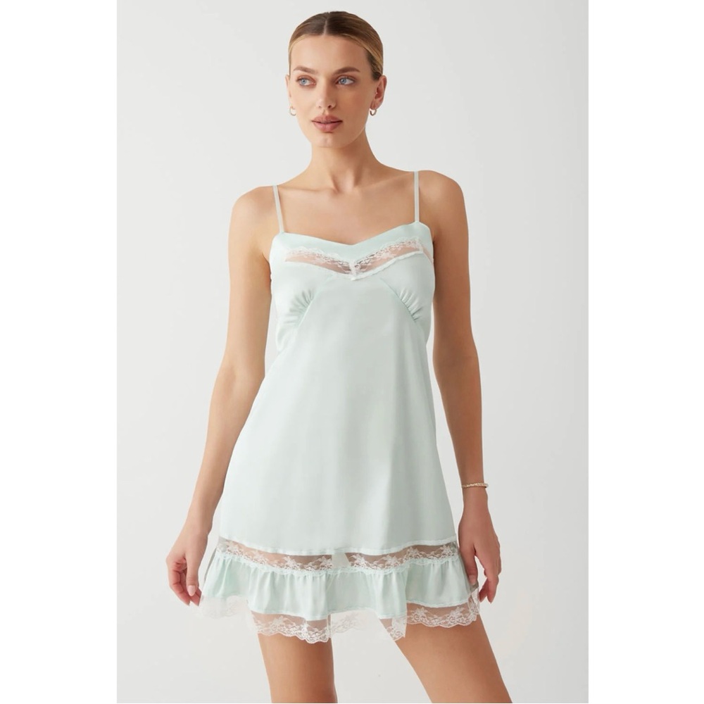 Frankie’s Bikinis Carson Satin Mini Dress in Pistachio